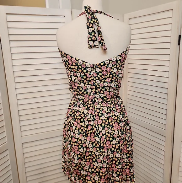 Sky To Moon Floral Cutout Mini Dress in Black with Pink & Cream Flowers NWOT - Picture 3 of 5
